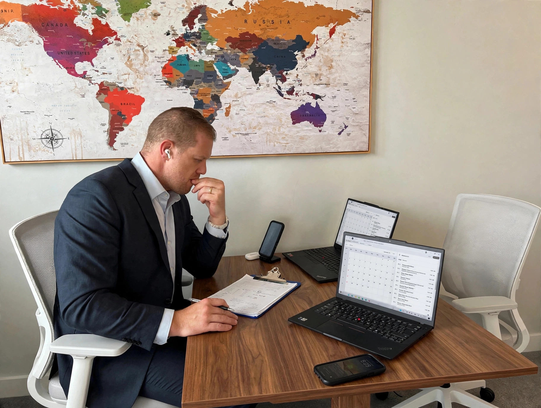 About Man reviewing scheduling dashboard at wood office desk