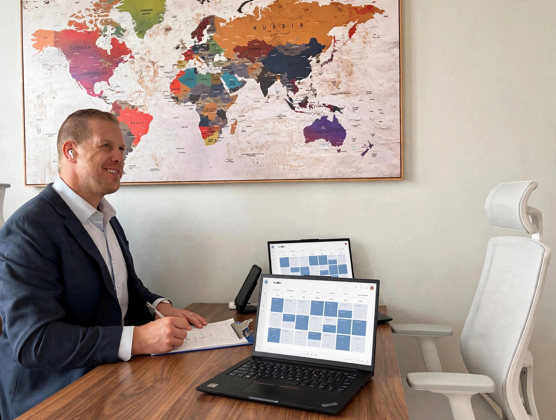 Contact Smiling man writing notes with scheduling dashboard